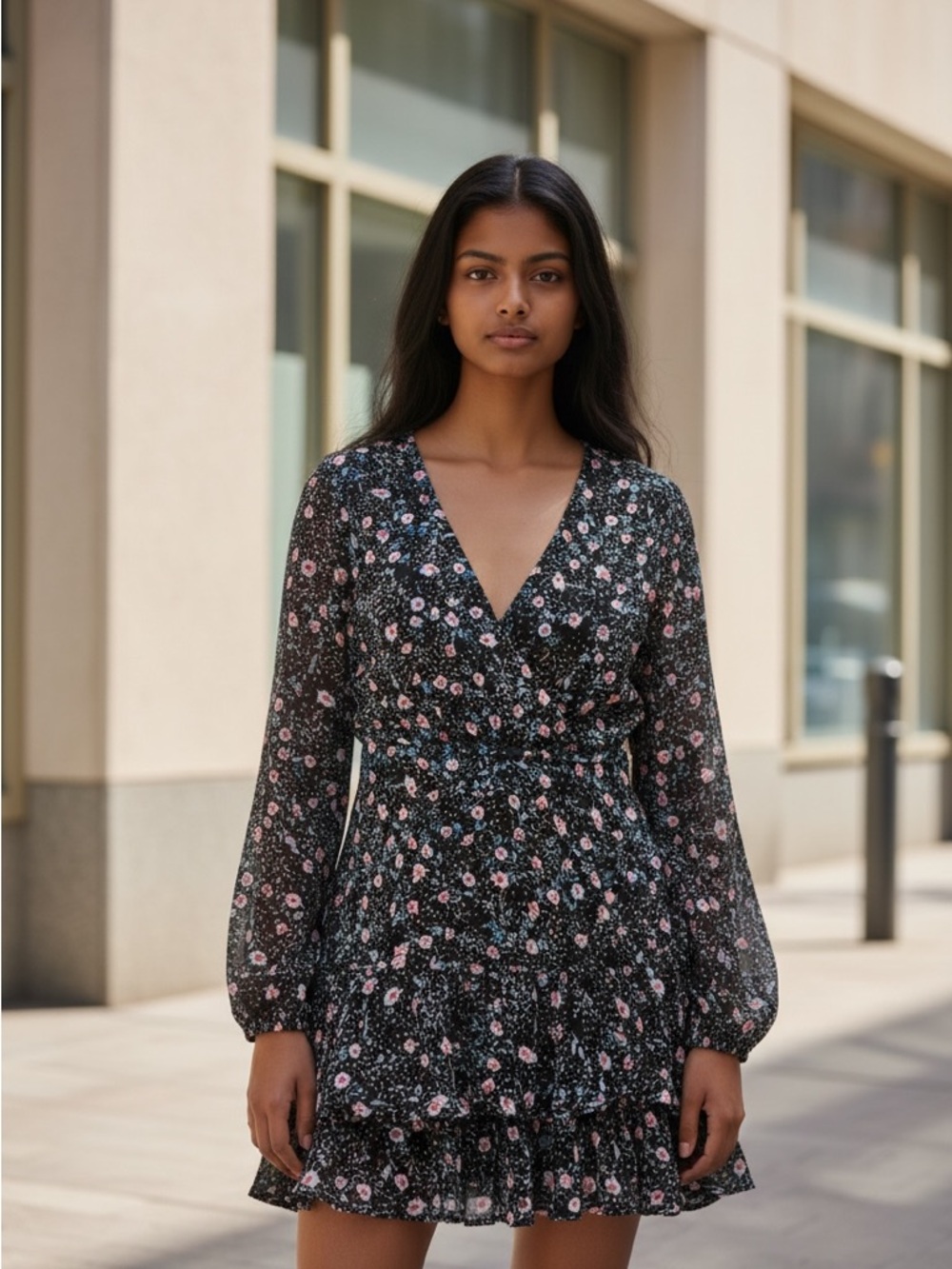 Aqua Black Floral Long Sleeve Dress Size M